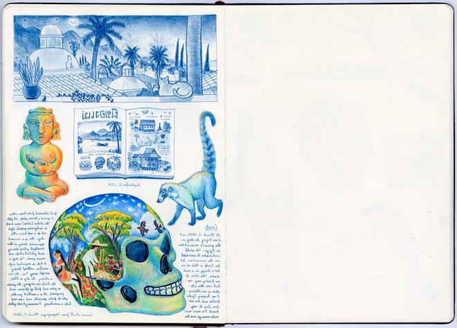 A moleskine sketchbook open to page drawing of colored pencils depicting travels in Mexico, including a ceramic skull. 